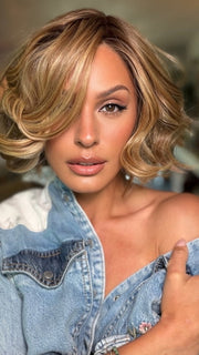 Roxie wearing LIA ll by ELLEN WILLE (STYLED) in LIGHT BERNSTEIN ROOTED 12.26.27 | Lightest Brown, Light Golden Blonde and Dark Strawberry Blonde Blend with Dark Shaded Roots