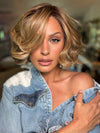 Roxie wearing LIA ll by ELLEN WILLE (STYLED) in LIGHT BERNSTEIN ROOTED 12.26.27 | Lightest Brown, Light Golden Blonde and Dark Strawberry Blonde Blend with Dark Shaded Roots