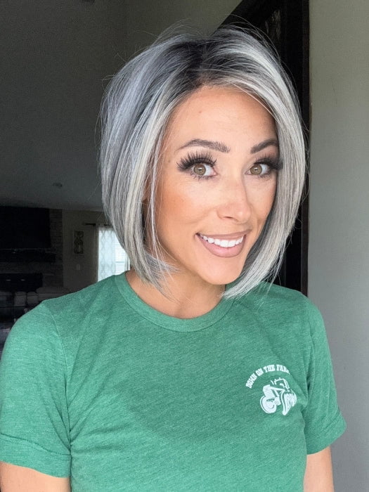 Nichole wearing DUA by ELLEN WILLE in DARK GREY FROSTED | A sophisticated, cool-toned grey with highlights that give your hair an icy, chic vibe.
