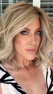 Kristyna wearing SIMMER ELITE PETITE by RAQUEL WELCH in RL16/21SS SHADED SAND | Light Blonde shaded with Medium Brown