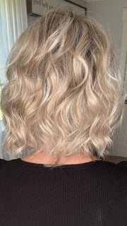 Emily H. @she_sheds_more wearing JANUARY (HAND TIED) by JON RENAU in color FS17/101S18 PALM SPRINGS BLONDE | Light Ash Blonde with Pure White Natural Violet Bold Highlights, Shaded with Dark Natural Ash Blonde