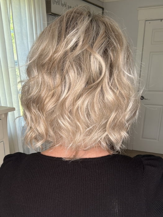 Emily H. @she_sheds_more wearing JANUARY (HAND TIED) by JON RENAU in color FS17/101S18 PALM SPRINGS BLONDE | Light Ash Blonde with Pure White Natural Violet Bold Highlights, Shaded with Dark Natural Ash Blonde