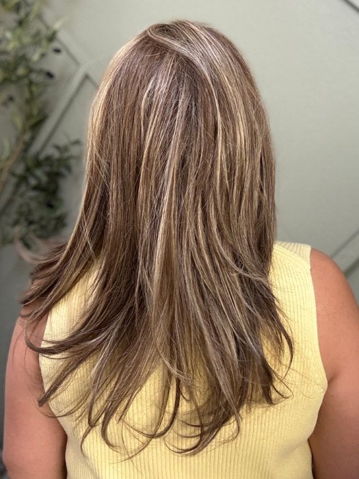 Arlah & Katrina wearing MIKI V by BELLETRESS in TOASTED WALNUT R | Medium Brown Rooted, Ash Brown, Medium Gold Blonde, and Light Brown Blended to perfection