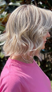 Eileen @crazywiglady is wearing VICTORIA by BELLE TRESS in color BUTTERBEER R | Dark Brown Base and Root that transitions smoothly into a buttery blonde, infused with creamy honey and toffee tones