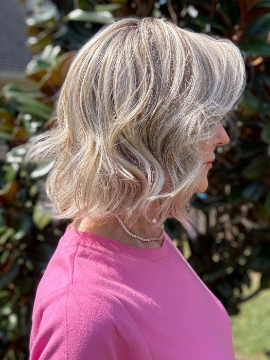 Eileen @crazywiglady is wearing VICTORIA by BELLE TRESS in color BUTTERBEER R | Dark Brown Base and Root that transitions smoothly into a buttery blonde, infused with creamy honey and toffee tones