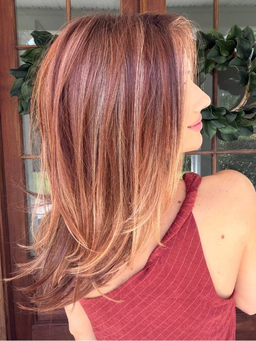 Jenna Fail wearing CHARMING by TRESSALLURE in 33/32/R4 | Dark Auburn Blended with Dark Brown and Dark Roots