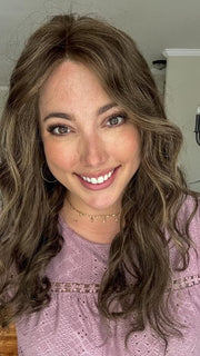 Jen Brown wearing SARAH LARGE by JON RENAU in 8RH14 MOUSSE CAKE | Medium Brown with 33% Medium Natural Blonde Highlights