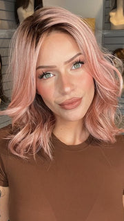 Madeline wearing VERO by RENE OF PARIS in WATERMELON-R | Rich Pastel Pink Base with Subtle Soft Reddish Tone and Soft Dark Brown Roots