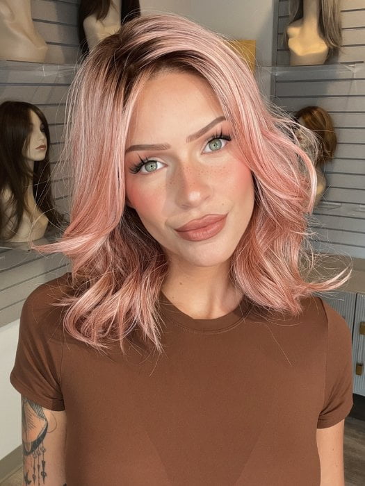 Madeline wearing VERO by RENE OF PARIS in WATERMELON-R | Rich Pastel Pink Base with Subtle Soft Reddish Tone and Soft Dark Brown Roots