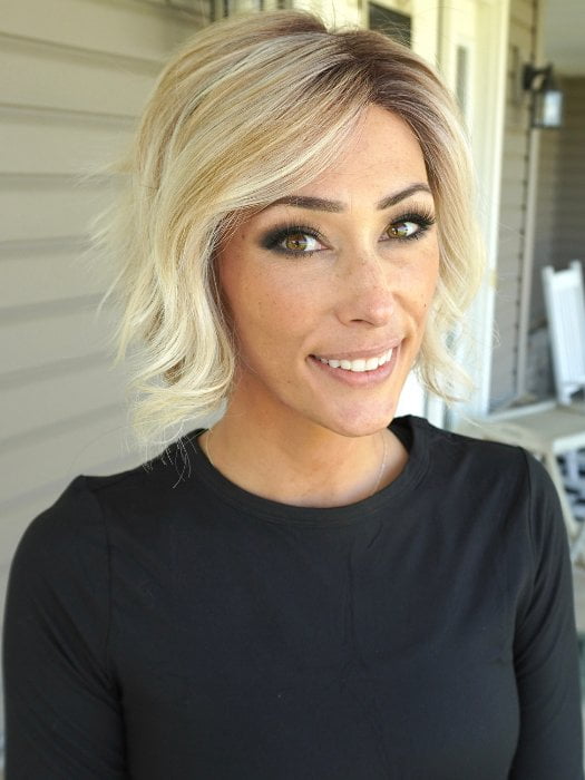 Nichole wearing LOS ANGELES by BELLETRESS in MILKSHAKE BLONDE R | A mixture of Light Sandy Brown, Highlighted with Light Ash Blonde with a Hint of Light Platinum Blonde with a Medium Root Color