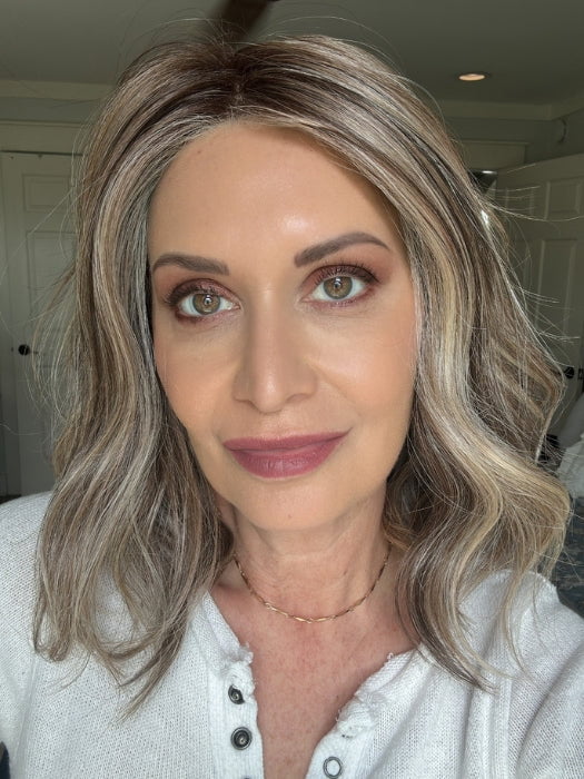 Emily wearing SIMMER ELITE PETITE by RAQUEL WELCH in RL12/22SS SHADED CAPPUCCINO | Light Golden Brown Evenly Blended with Cool Platinum Blonde Highlights with Dark Roots