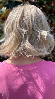Eileen @crazywiglady is wearing VICTORIA by BELLE TRESS in color BUTTERBEER R | Dark Brown Base and Root that transitions smoothly into a buttery blonde, infused with creamy honey and toffee tones