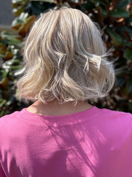 Eileen @crazywiglady is wearing VICTORIA by BELLE TRESS in color BUTTERBEER R | Dark Brown Base and Root that transitions smoothly into a buttery blonde, infused with creamy honey and toffee tones