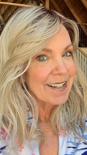 Susan wearing TABU by ELLEN WILLE in CHAMPAGNE ROOTED | Light Beige Blonde, Medium Honey Blonde, and Platinum Blonde blend with Dark Roots