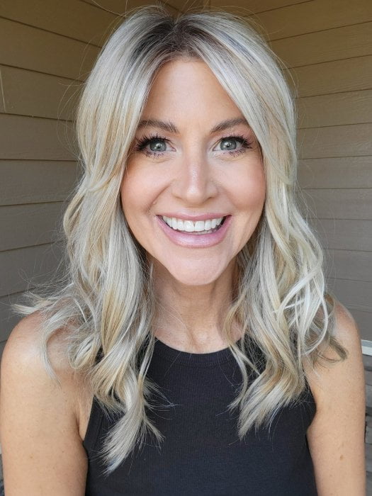 Natalie wearing OXFORD by BELLETRESS in MILKSHAKE BLONDE R | A mixture of Light Sandy Brown, Highlighted with Light Ash Blonde with a Hint of Light Platinum Blonde with a Medium Root Color