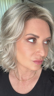 Emily H. @she_sheds_more wearing JANUARY (HAND TIED) by JON RENAU in color FS17/101S18 PALM SPRINGS BLONDE | Light Ash Blonde with Pure White Natural Violet Bold Highlights, Shaded with Dark Natural Ash Blonde