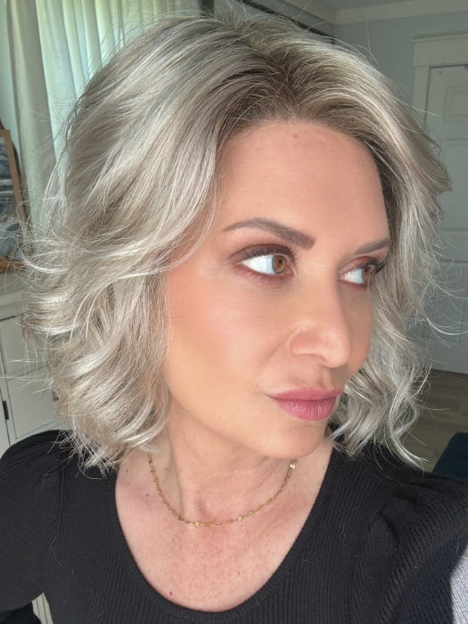 Emily H. @she_sheds_more wearing JANUARY (HAND TIED) by JON RENAU in color FS17/101S18 PALM SPRINGS BLONDE | Light Ash Blonde with Pure White Natural Violet Bold Highlights, Shaded with Dark Natural Ash Blonde