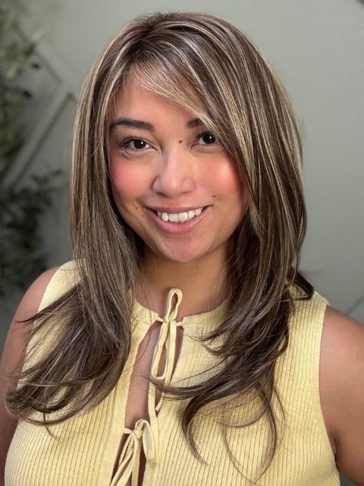 Arlah & Katrina wearing MIKI V by BELLETRESS in TOASTED WALNUT R | Medium Brown Rooted, Ash Brown, Medium Gold Blonde, and Light Brown Blended to perfection