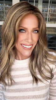 Kristyna wearing OLIVIA by JON RENAU in 24BT18S8 SHADED MOCHA | Medium Natural Ash Blonde & Light Natural Gold Blonde Blend, Shaded with Medium Brown
