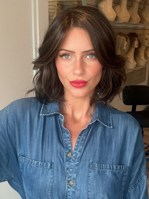 Madeline wearing ISSEY by BELLETRESS in COOLEST DARK BROWN R | A Rich A combination of Light Ash Brown, Cool Medium Brown and a hint of Dark Blonde