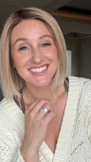 Carly wearing LIA ll by ELLEN WILLE in CANDY BLONDE ROOTED 101.27.60 | Pearl Platinum, Dark Strawberry Blonde, and Pearl White Blend with Dark Shaded Roots