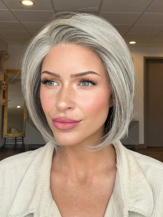 Madeline wearing STRAIGHT UP WITH A TWIST by RAQUEL WELCH in RL119 SILVER AND SMOKE | Light Brown with 80% Gray in Front Gradually into 50% Gray Towards the Nape 