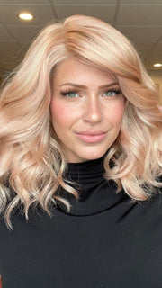 Madeline wearing AVALON by ESTETICA in SMOKY-ROSE | Platinum Blonde and Soft Pink Blend