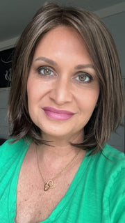 Emily H. @she_sheds_more wearing HAUTE by JON RENAU in color 6/33 RASPBERRY TWIST | Brown & Medium Red Blend