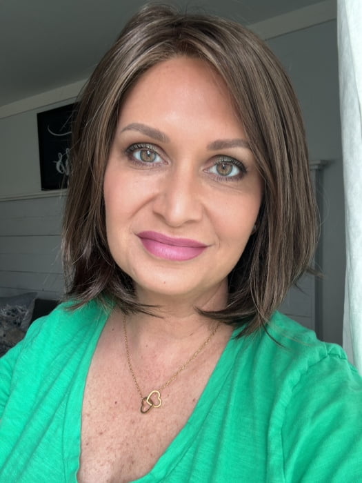 Emily H. @she_sheds_more wearing HAUTE by JON RENAU in color 6/33 RASPBERRY TWIST | Brown & Medium Red Blend