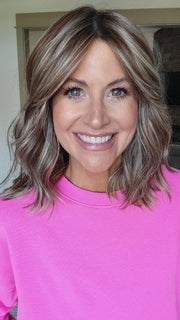 Natalie wearing SMOOTH WAVEZ by RENE OF PARIS in SNOWY UMBER R | Medium Ginger Brown base with White Blond highlights  