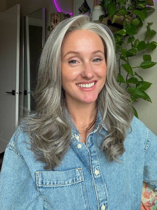 Carly wearing MARGO by RENE OF PARIS in SILVER STONE | Silver Medium Brown blend that transitions to more Silver then Medium Brown then to Silver Bangs