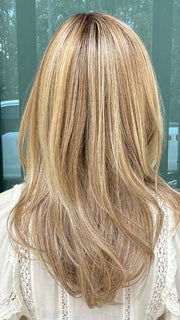 Heather @cjswigs wearing BEVERLY HILLS by BELLETRESS in color CARAMEL BLONDE R | Light Brown Rooted, with a blend of Light Gold Blonde, hint of Strawberry Blonde and Light Auburn with the balance of Cool, Light Blonde Highlights.