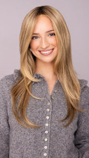 Ava wearing ZARA LARGE by JON RENAU in 24BT18S8 SHADED MOCHA | Medium Natural Ash Blonde & Light Natural Gold Blonde Blend, Shaded with Medium Brown