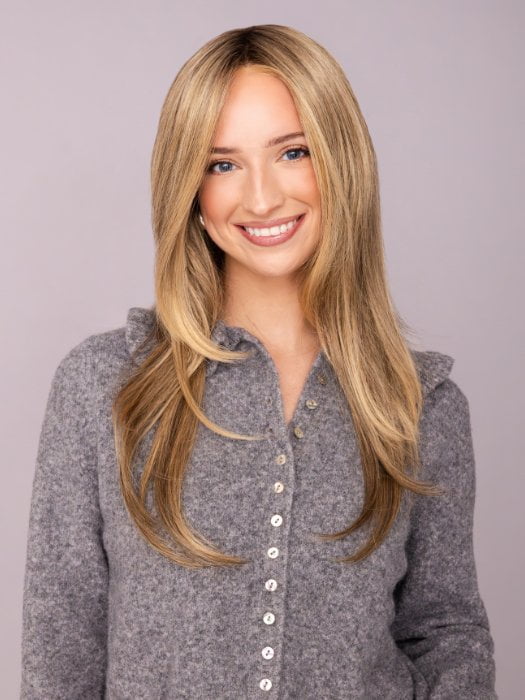 Ava wearing ZARA LARGE by JON RENAU in 24BT18S8 SHADED MOCHA | Medium Natural Ash Blonde & Light Natural Gold Blonde Blend, Shaded with Medium Brown