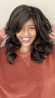 Sophia wearing ALWAYS by RAQUEL WELCH in RL2/4 OFF BLACK | Black Evenly Blended with Dark Brown Highlights