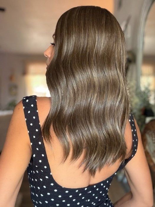 Roxie is wearing MORGAN BY JON RENAU in 8RH14 MOUSSE CAKE | Medium Brown with 33% Medium Natural Blonde Highlights
