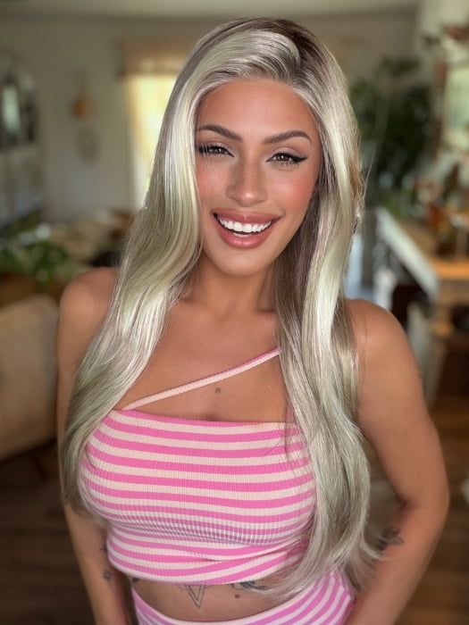 Roxie wearing AVERY by JON RENAU in 101/88/27S8 CATALINA BLONDE | Pale blonde with Pure White Natural Violet halo highlights, shaded medium brown