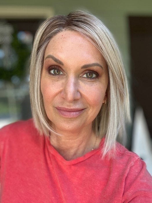 Emily H wearing SANTA MONICA by BELLETRESS in MILKSHAKE BLONDE R | A mixture of Light Sandy Brown, Highlighted with Light Ash Blonde with a Hint of Light Platinum Blonde with a Medium Root Color