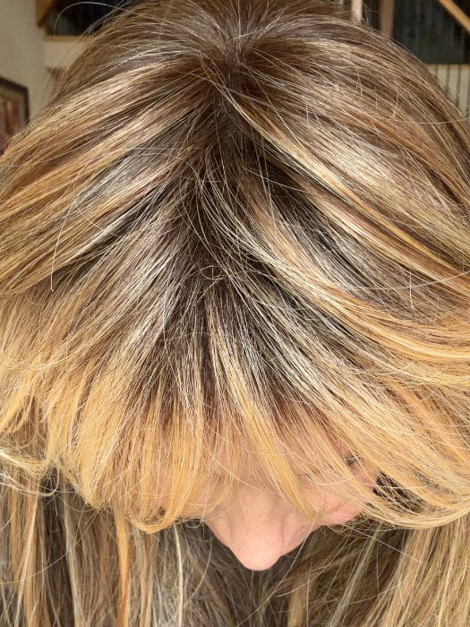 Sparky wearing NEXT TOP MODEL by TRESSALLURE in 17/23/R8 | Beige Blonde and Auburn Blended with Medium Brown Roots