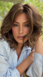 Roxie wearing MAEVE by JON RENAU in 6F27 CARAMEL RIBBON | Brown with Light Red-Gold Blonde Highlights & Tips