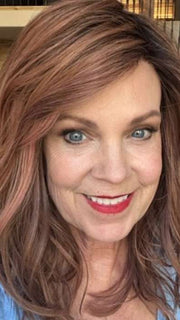 Susan @an_affair_with_hair wearing TABU by ELLEN WILLE in ROSEWOOD ROOTED | Medium Dark Brown Roots that Melt into a Mixture of Saddle Brown and Terra-Cotta Tones with Dark Roots