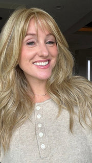 Carly wearing POSH WAVEZ by RENE OF PARIS in CREAMY TOFFEE R | Rooted Dark Blonde Evenly Blended with Light Platinum Blonde and Light Honey Blonde