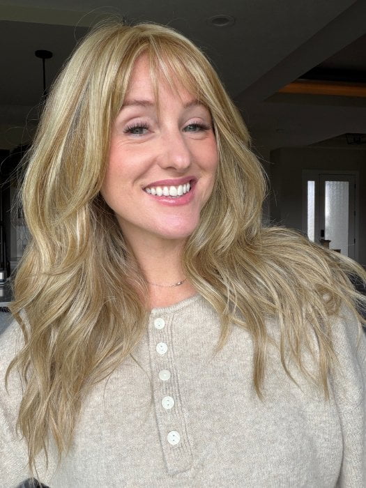 Carly wearing POSH WAVEZ by RENE OF PARIS in CREAMY TOFFEE R | Rooted Dark Blonde Evenly Blended with Light Platinum Blonde and Light Honey Blonde