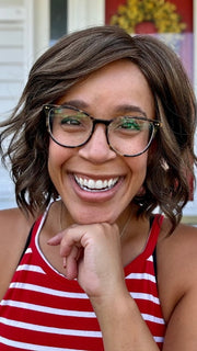 Brea wearing JANUARY PETITE by JON RENAU in 8RH14 MOUSSE CAKE | Medium Brown with 33% Medium Natural Blonde Highlights