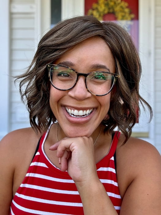 Brea wearing JANUARY PETITE by JON RENAU in 8RH14 MOUSSE CAKE | Medium Brown with 33% Medium Natural Blonde Highlights