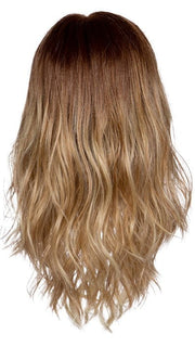 RL8/24OM | Medium brown blended roots that transition into a golden blonde ombré from midlength to the ends