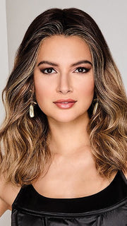 RL4/15OM | Dark brown blended roots that transition into a natural blonde ombré from midlength to the ends