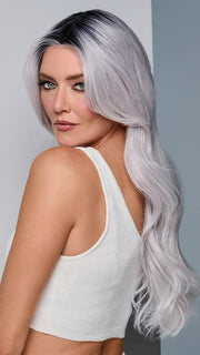 Model is wearing QUEUE THE HUE by RAQUEL WELCH in color   GRAY/LAVENDER