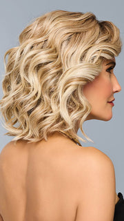 Model is wearing ROMANTIC RENAISSANCE in color RL19/23SS SHADED BISCUIT | Light Ash Blonde Evenly Blended with Cool Platinum Blonde and Dark Roots