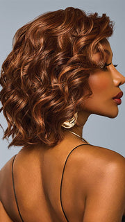 Model is wearing ROMANTIC RENAISSANCE in color RL32/31 CINNABAR | Medium Dark Auburn Evenly Blended with Medium Light Auburn